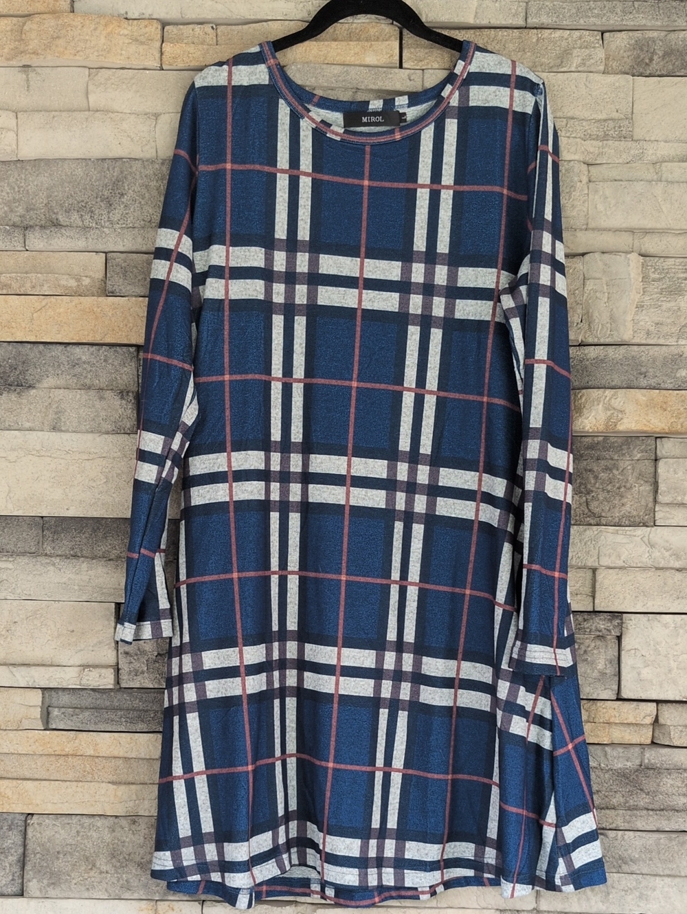 Navy Plaid Long Sleeve Dress